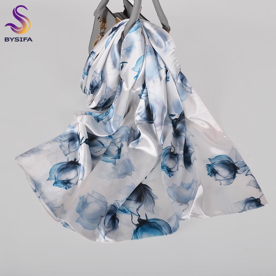 [BYSIFA]  Green Blue Ladies Satin Long Silk Scarf Shawl New Fashion Brand Scarves Printed Spring Fall Female Head Scarf 160*70cm