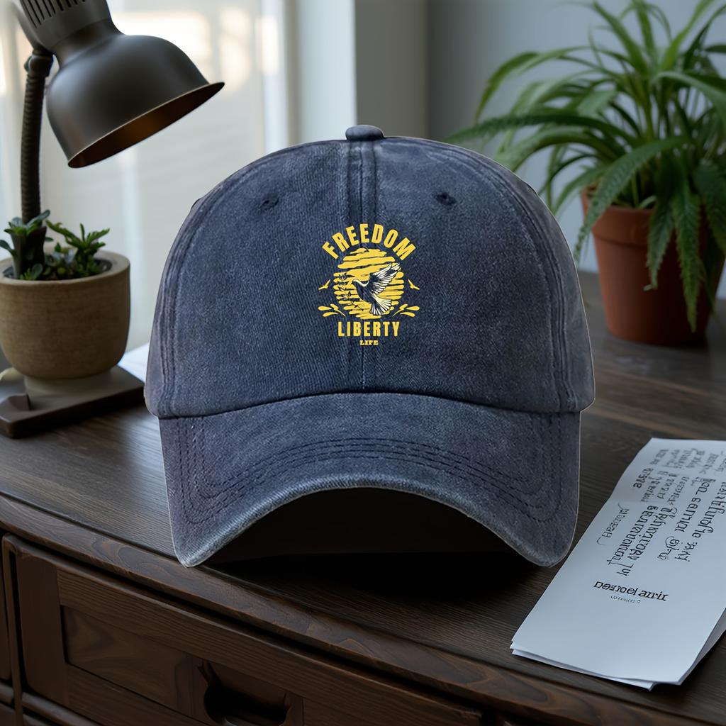 Adjustable Washed Vintage Denim Truck Driver Baseball Cap with "FREEDOM LIBERTY LIFE" Dove Print - Lightweight Casual Style, Sof
