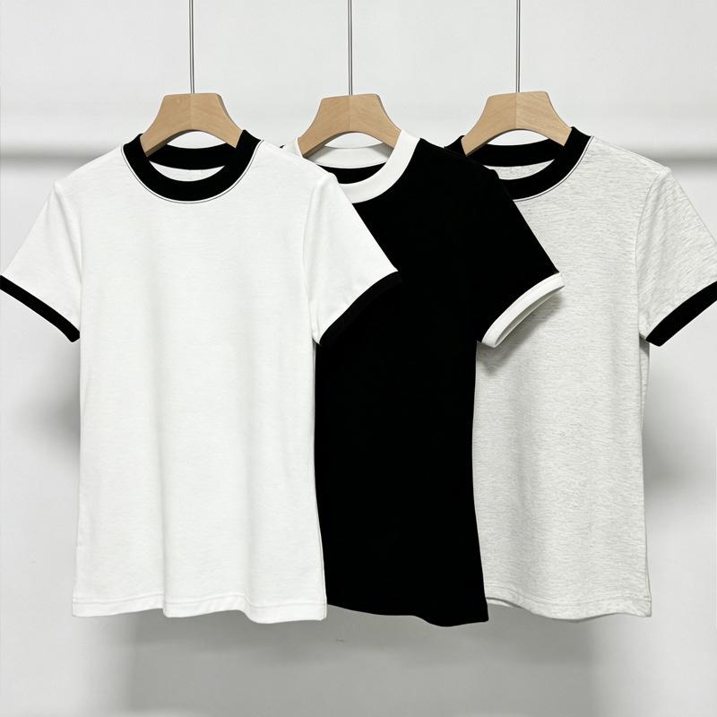 Two-tone round-neck short-sleeve t-shirt for women, 2026 new summer base shirt, slim-fit short top