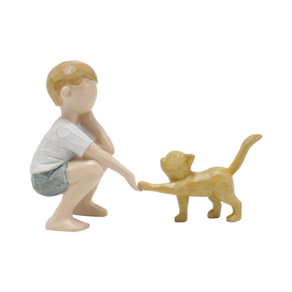 2Pcs/set Resin Crafts Boy Cat Figurines Hand-Painted Hand Carving Sculpture  Desktop