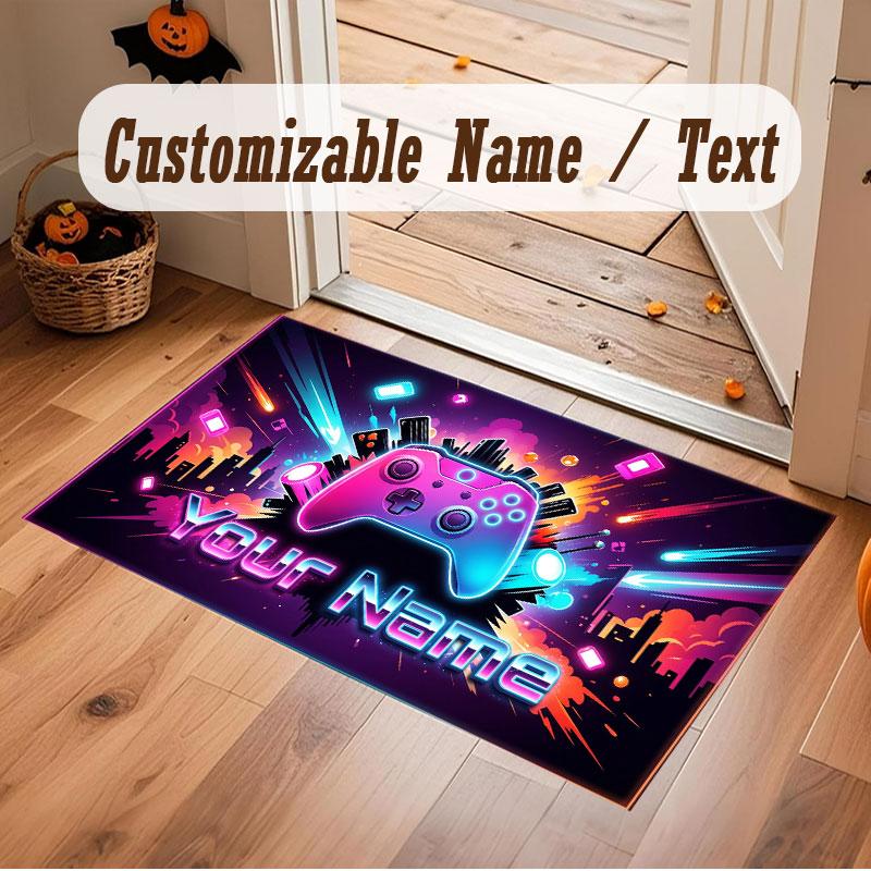 City Cyberpunk Theme Crystal Velvet Floor Rug Personalized Custom Name Text Warm Carpet Home Decoration