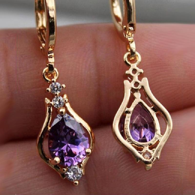 Popular Purple Zircon Earrings with Versatile Water Droplet Shaped Diamond Inlay Temperament, Multi-color Pendant Accessories