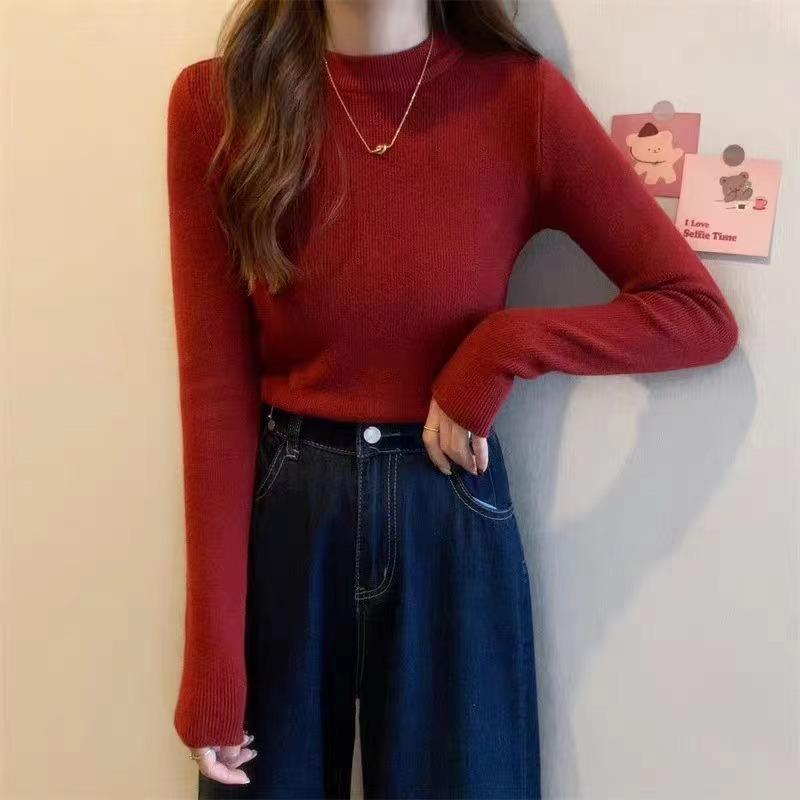 Autumn and winter new solid color soft waxy round neck knitted bottoming shirt female slim slim slim pullover sweater with top
