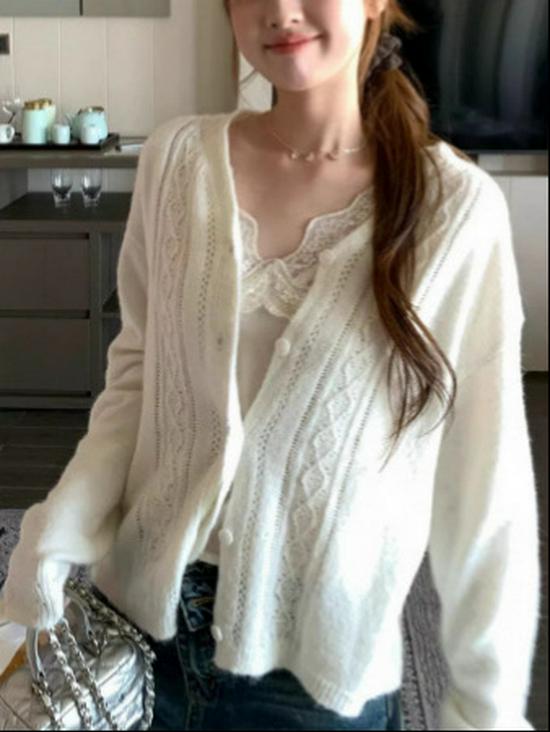 2026 Asymmetrical Lace Collar Button-Down Knit Cardigan - Women's Early Spring Hollow Crochet Sweater