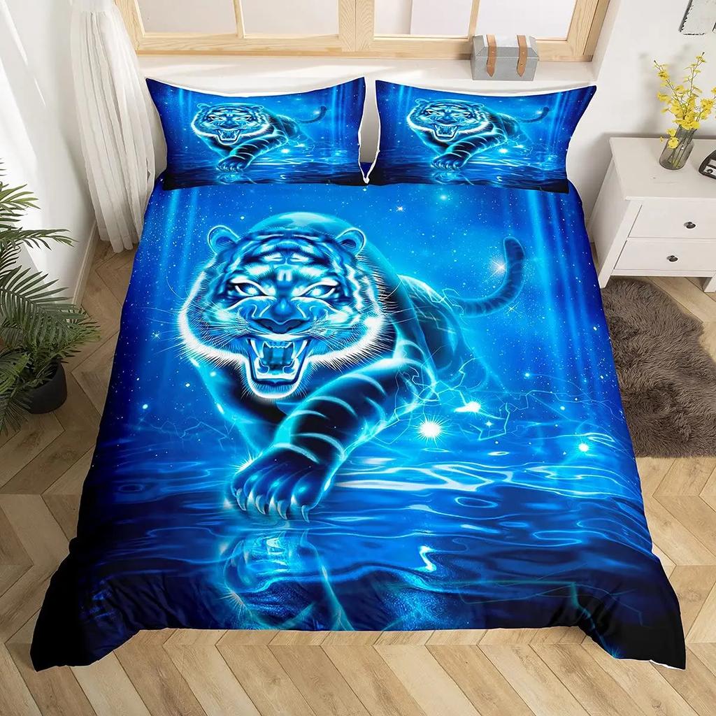 Galaxy Tiger Duvet Cover Set Blue Nebulas Stars Moon Bedding Sets Outer Space Wildlife Sky Starry King Comforter Cover Set