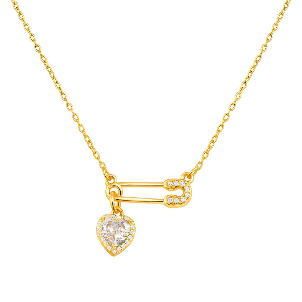 Cubic Zirconia Heart Love Charms Safety Pin Pendant Necklace, Women Necklace Adjustable Stainless Steel Jewelry