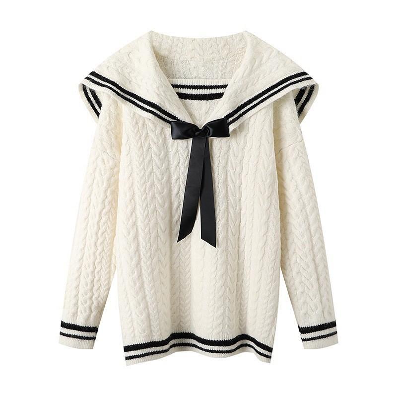 Loose jk sailor suit bow college style navy collar sweater women's autumn and winter loose lazy style outside wear tide