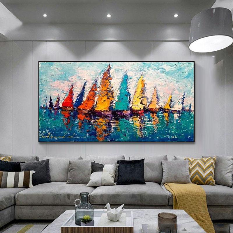 Abstract Landscape Sailboat Colorful Canvas Painting Ship Boat Posters and Prints Wall Art Pictures for CuadrosLiving Room Decor No Frame