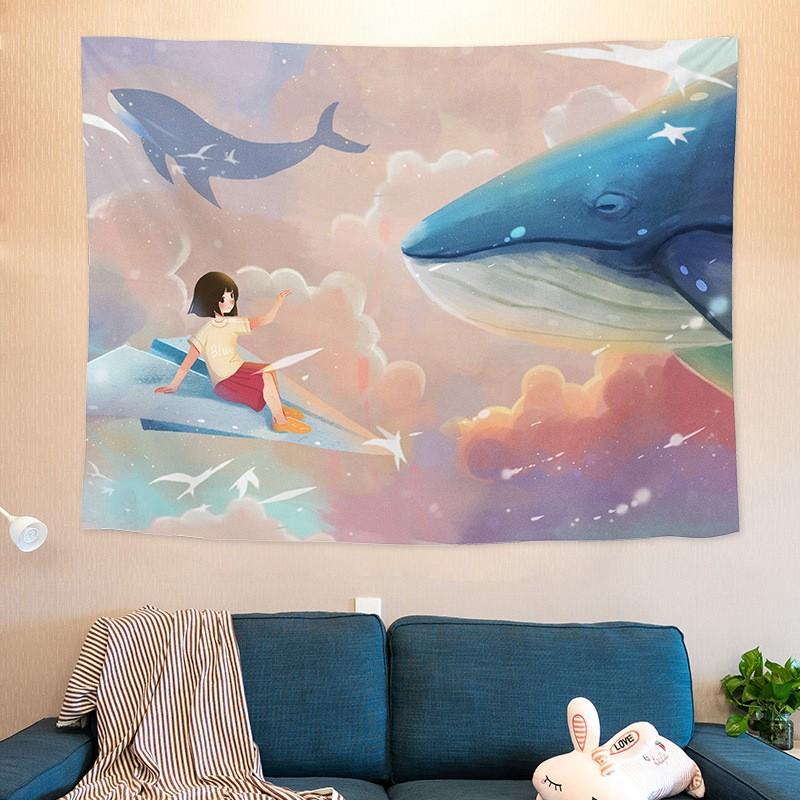 Healing Whale and Girl Fantasy Tapestry Polyester Wall Hanging Bedroom Dormitory Home Decoration 100X70CM