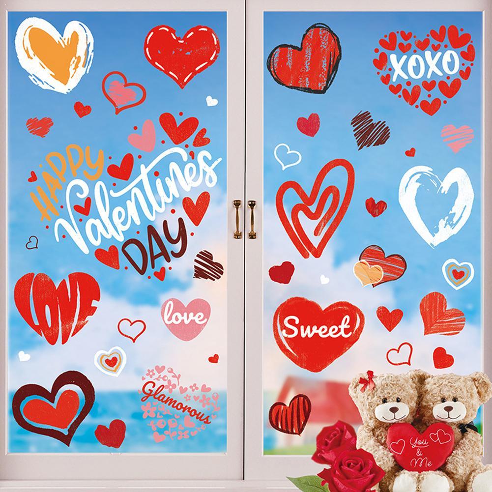 Valentine'S Day Window Decor Reusable Red Pink Heart Shaped Static Stickers Glass Art Decals Home Wall Stickers 6/12 Sheets