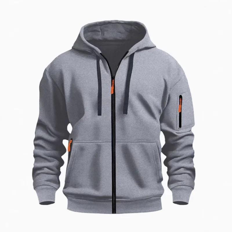 New European and American Spring and Autumn Men's Loose Hoodie Fleece Zipper Sweatshirt Neutral Multi-pocket Top