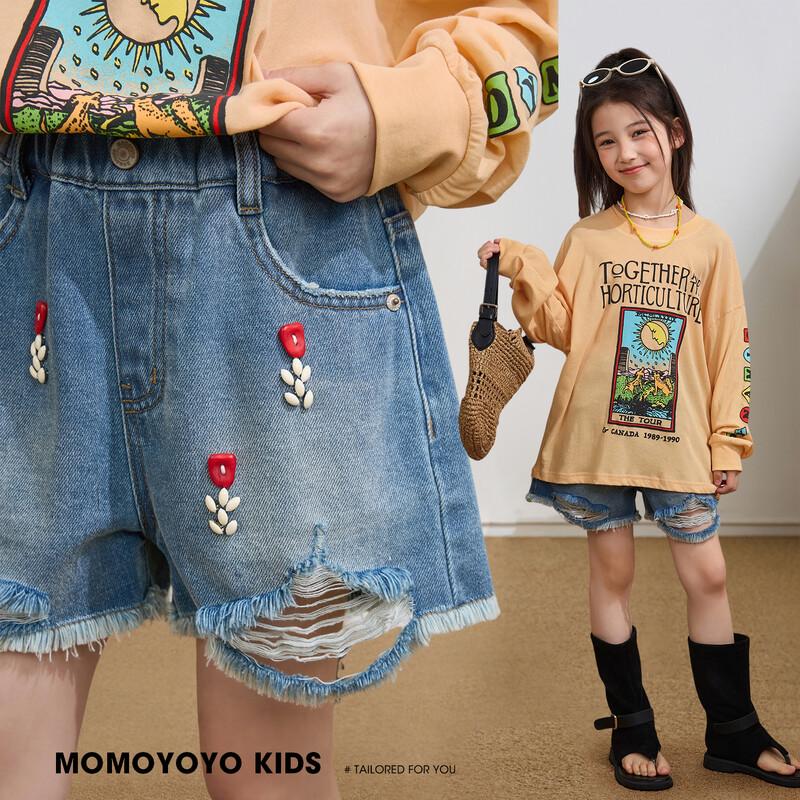 Girl s Ripped Beaded A-Line Denim Shorts 130 джинсовый синий