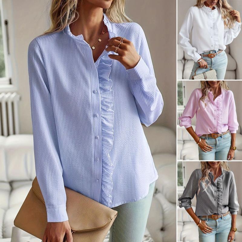 2026 New European and American Stand Collar Ruffle Trim Cardigan Long Sleeve Puff Top 
