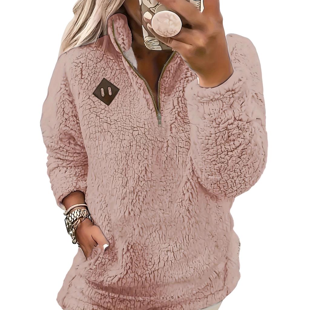 Ladies' Fashionable And Comfortable Half Zipper Solid Color Long Sleeved Casual Top