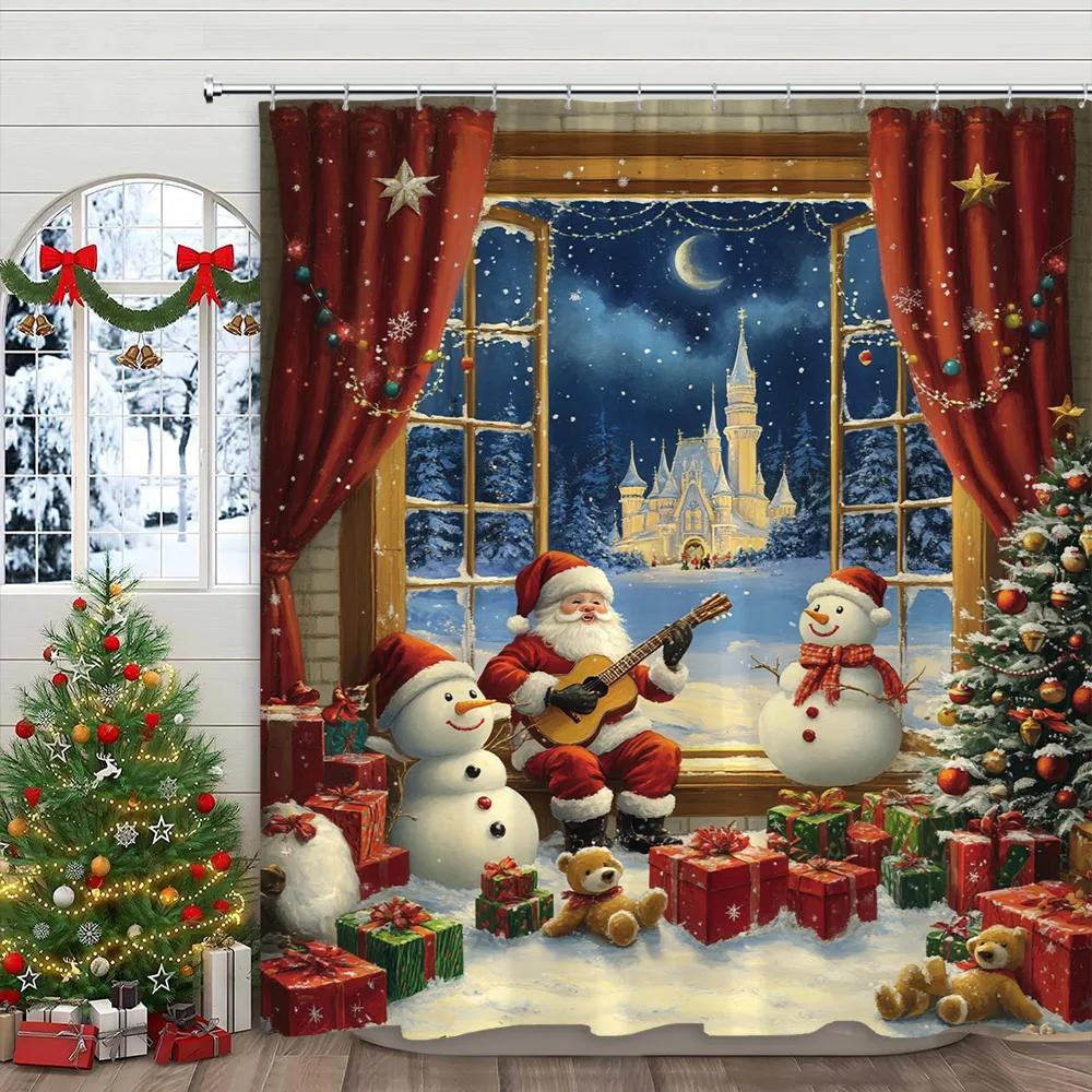 Pink Christmas Printed Shower Curtain Cute Snowman and Christmas Tree Gift Polyester Shower Curtains Bathroom Decor with Hooks