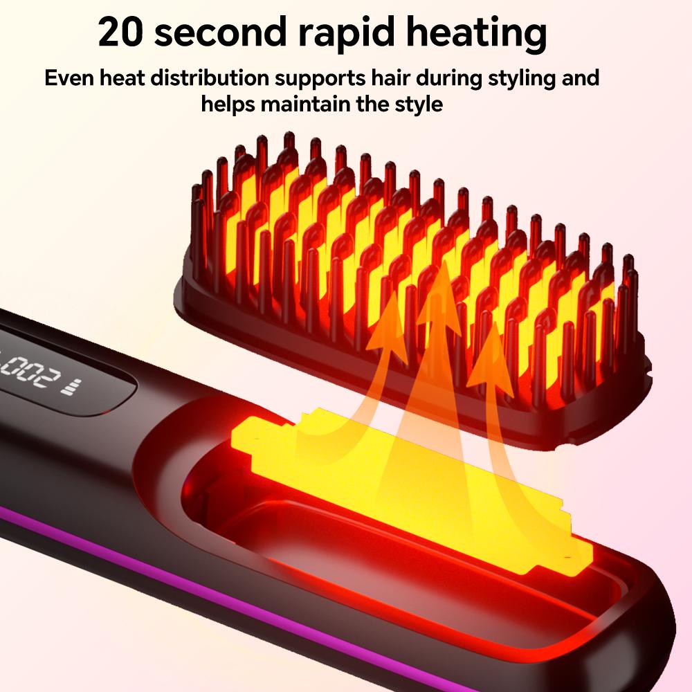 Rechargeable Hair Straightener Brush, Ionic Straightening Comb with 20s Fast Heating, 3 Temp Settings & Auto-Off for Home Salon