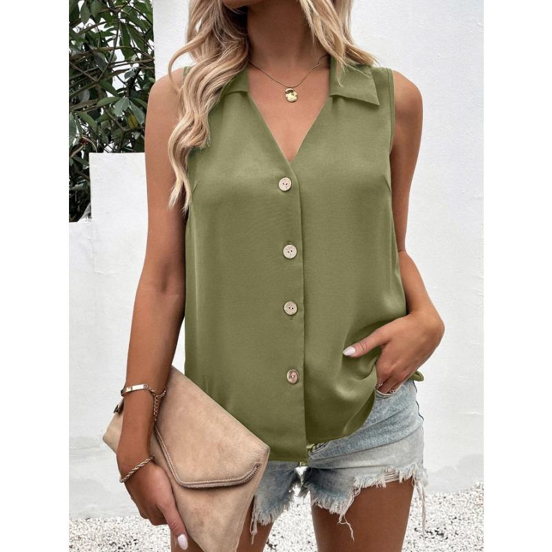 Women Summer New Style Solid Color V Neck Loose Chiffon Shirt Sleeveless Button Down Vest Blouse