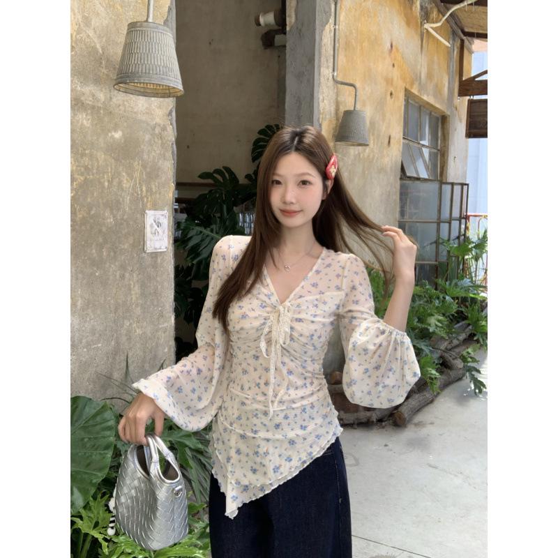 Plus Size Spring/Summer Floral Lace Top with Tie-Up Irregular Hem 3XL