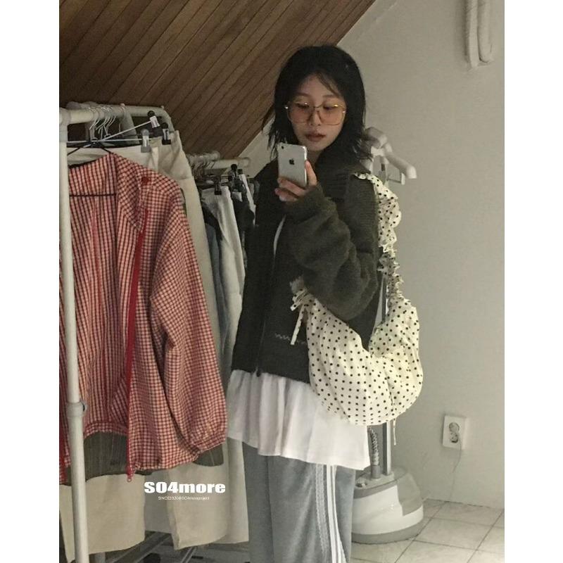

Vintage polka dot niche cute lace-up pleated shoulder crescent saddle bag versatile messenger handbag белый