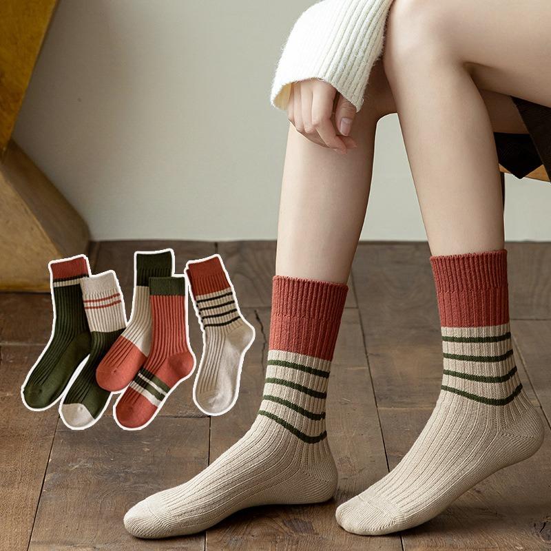 Female Spring and Autumn Tide All Match Stripe Match Color In Tube Cotton Socks