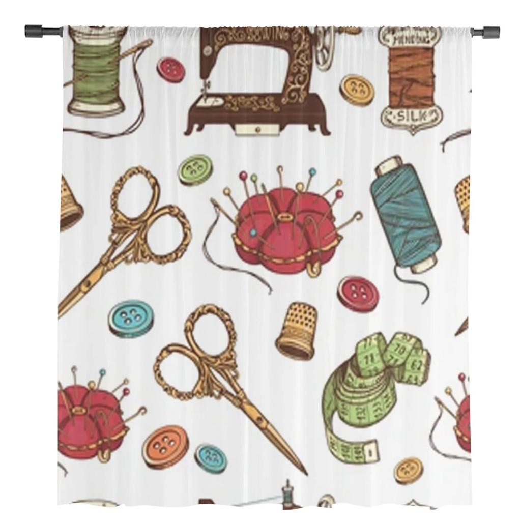 Hand Drawn Of Sewing Tools Sheer Curtains Bedroom Voile Curtain Living Room Window Sheer Curtains Kitchen Tulle Drapes