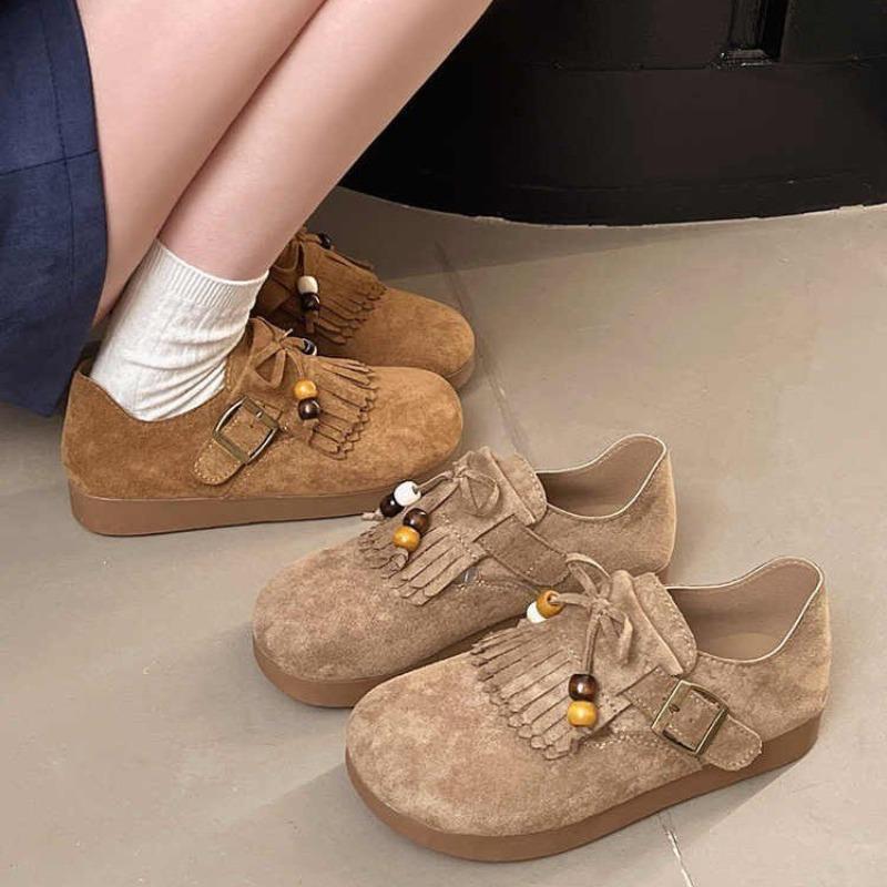 Retro Tassel Women's Fashion and Comfort Casual Beaded Bag Head Single Shoes Women's Autumn New Women's Shoes