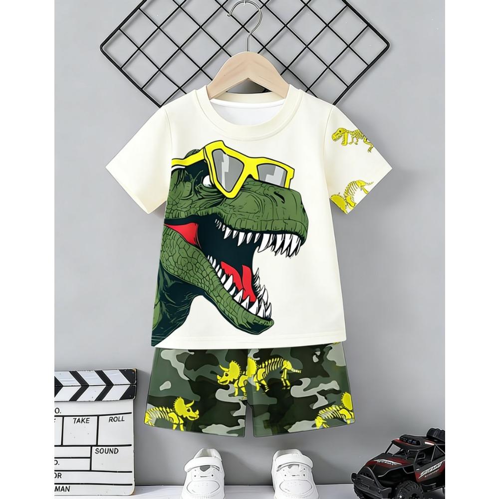 Set Maglia a Maniche Corte Stampata 3D con Dinosauro e Macchina e Pantaloncini Sportivi, Set Maglia Sportiva Casual Estiva