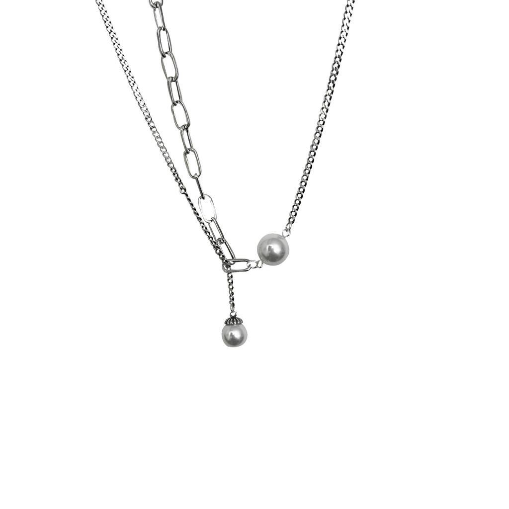 Yinruitai S925 Sterling Silver Pearl Double Layer Necklace for Women - Light Luxury Clavicle Chain, Trendy Niche Design.