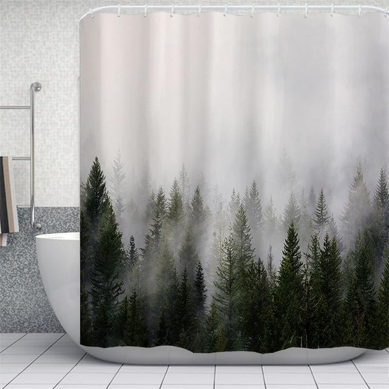 

Forest Green Shower Curtain with Hooks, Extra Long, Mold and Mildew Resistant, Bath Liner, Tree Print W90xH180cm