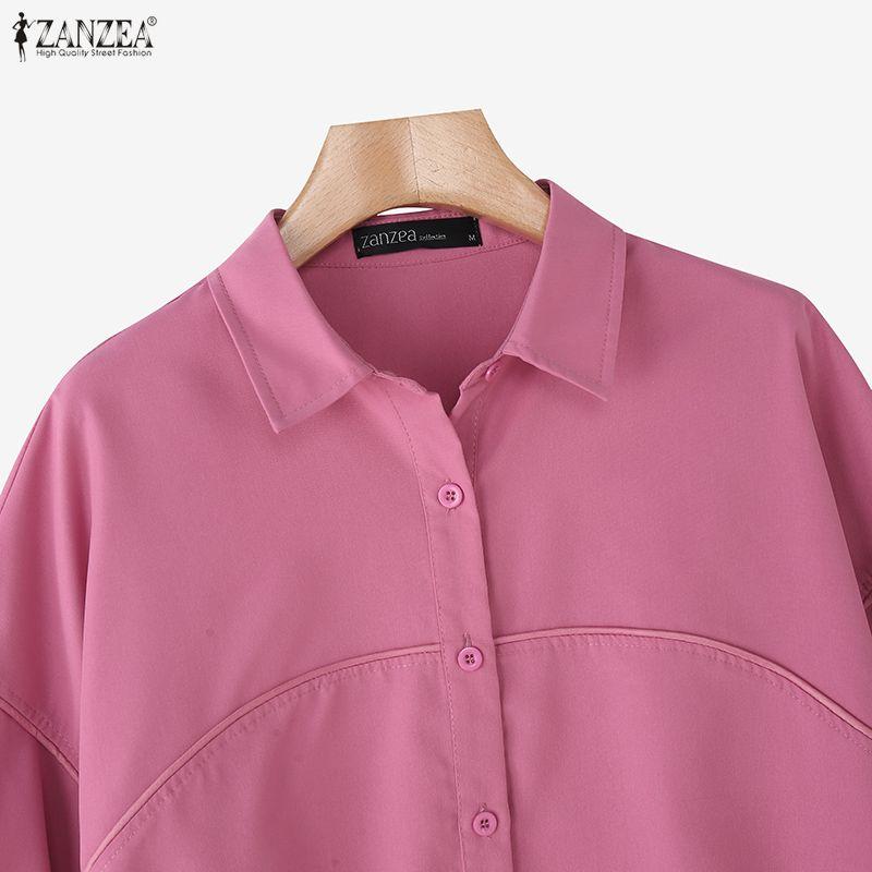 ZANZEA Women Turn Down Collar Casual 3/4 Sleeve Loose Blouse