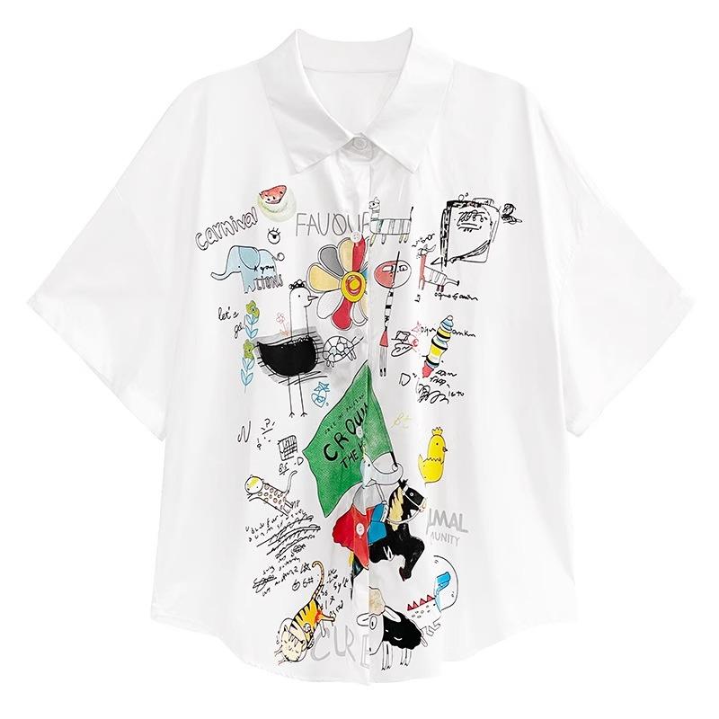 DIMANAF 2024 Plus velikost Nová halenka v letním stylu Vintage Retro design Krátký rukáv Barevný potisk Ležérní košile Ženy Volná košile s potiskem