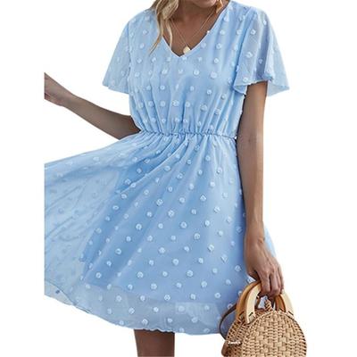 ZXZY Women Crochet Dots High Waist Short Sleeve V Neck Beach Dress