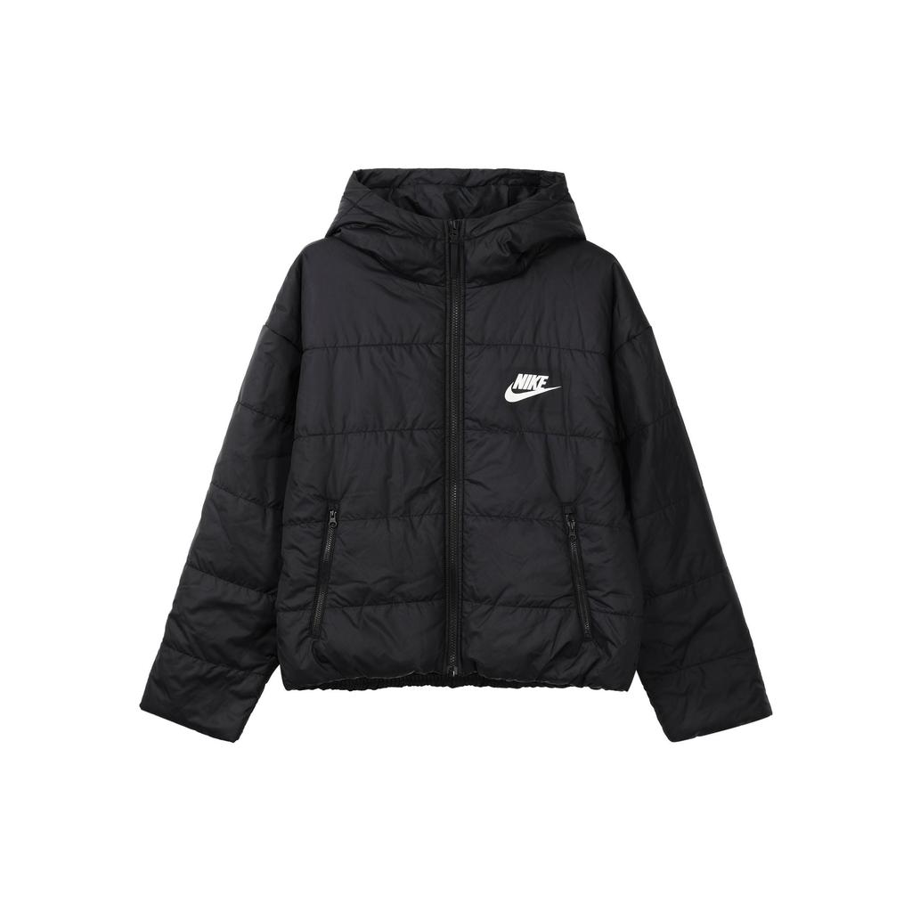 Nike Odzież sportowa Syntetyczne wypełnienie Nadruk z logo Ciepła Codzienna Kurtka z kapturem Damska Kurtka Czarna CZ1467-010