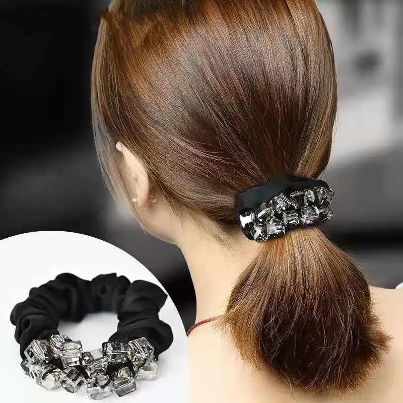 Eleganti scrunchies in tessuto floreale con cristalli per donne e ragazze, elastici per capelli, accessori per legare i capelli, anello per capelli, corda, copricapo