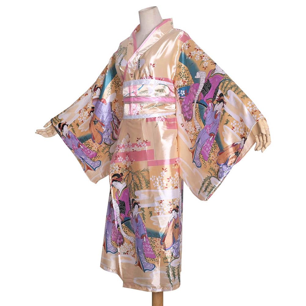Long Kimono Japanese Stage Costume with Japanese Pattern Women's Dress, Ukiyo-e Style, Yukata, Geisha, Dance, (KL06-Light Gold)