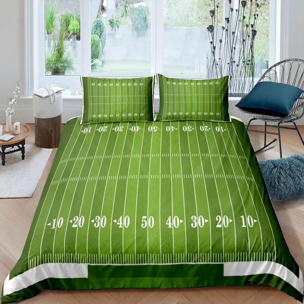 Green Football Field King Queen Duvet Cover Soccer Field Comforter Cover Boys Men Sport Games Bedding Set Polyester Quilt Cover
