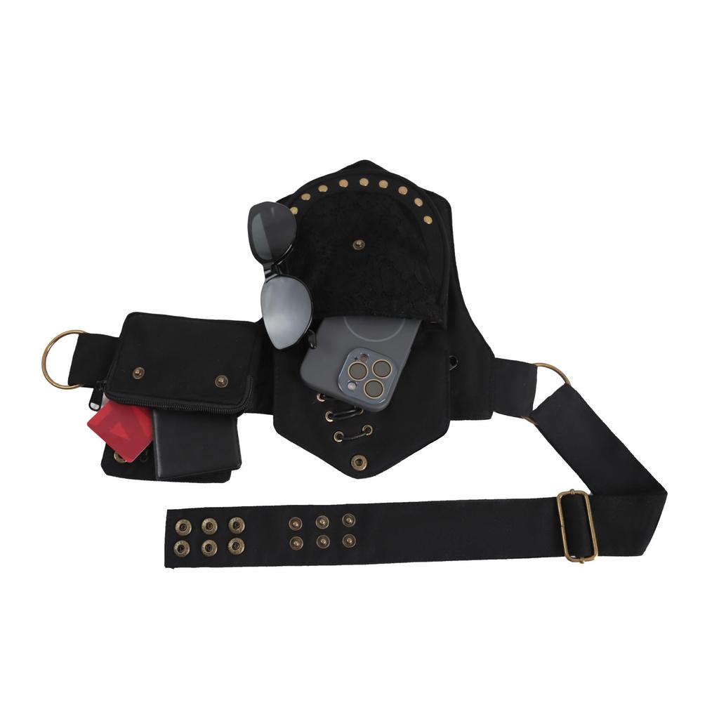 Unisex Retro Perçinli Bel ve Bacak Çantası - Çok Fonksiyonlu, Dayanıklı Çapraz Askılı Outdoor Sporlar İçin