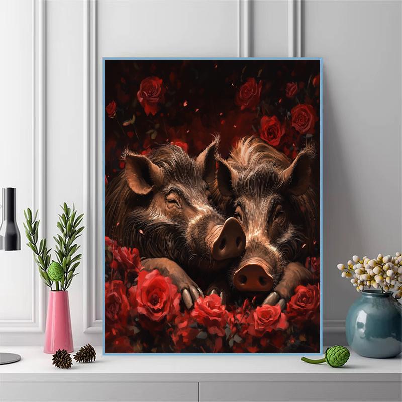 Warthog and roses Pattern 3pcs 100% Round Full Drill 5D DIY Diamond Painting Embroidery Cross Stitch Rhinestone Décor