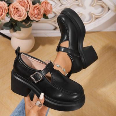 Sapatos de Couro Femininos com Tira em T Bico Quadrado Sapatos Oxford Marrom Salto Médio Sapatos de Salto Pretos de Designer Costura Grossa Sapatos Sociais