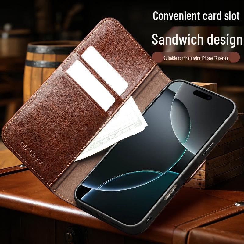 Chali Shi Genuine Leather iPhone 17 Pro Max Flip Case with Magnetic Buckle, Air Stand, and Card Slot