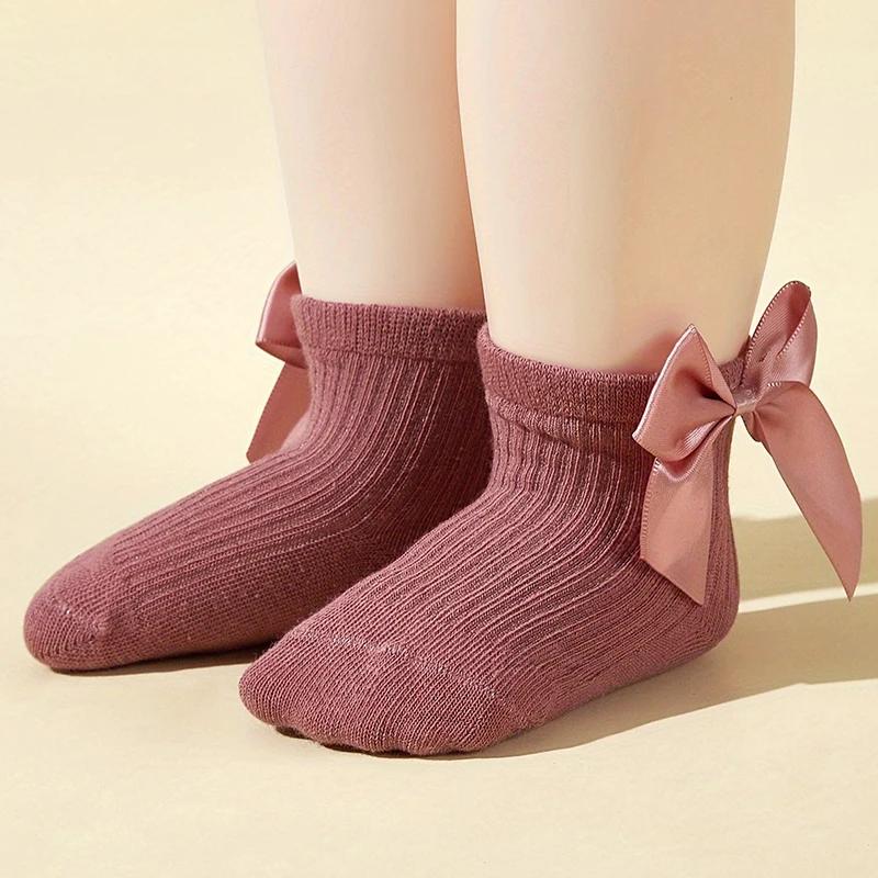 4 Pairs Baby Girl Socks Large Bow Princes Kids Middle Tube Socks Solid Spring Autumn Newborn Toddler Cotton Short Socks