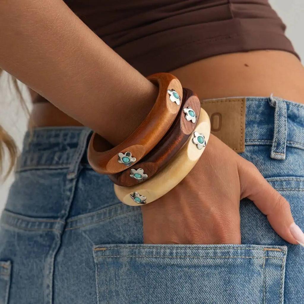 IngeSight.Z 3Style Vintage Creative Wooden Chunky Bangles Bracelet Women Ethnic Style Inlaid Flower Stone Hand Accessory Jewelry