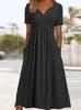 Women's Short Sleeve Midi Dress V Neck High Waist Streetwear Casual Solid Flared Long Dress With Side Pockets
