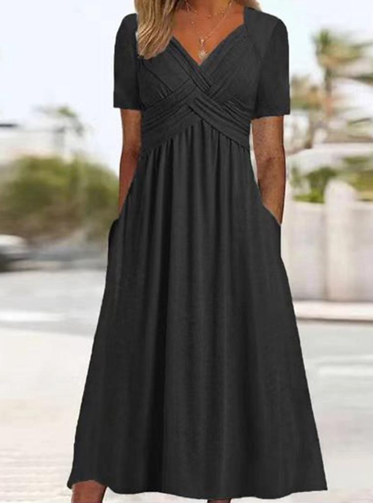 Women's Short Sleeve Midi Dress V Neck High Waist Streetwear Casual Solid Flared Long Dress With Side Pockets