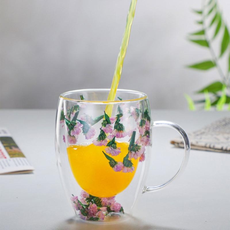 Double-layer Glass Mugs with Dry Flower and Handle for Coffee, Cocktails Elegant Glasses Cup for Entertaining Guest