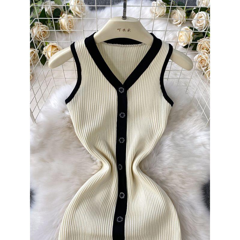 French Style Contrast Color V-neck Single-Breasted Sleeveless Dress Women Casual Knitted Stretch Waist Hugging Slimming Sheath Long Skirt