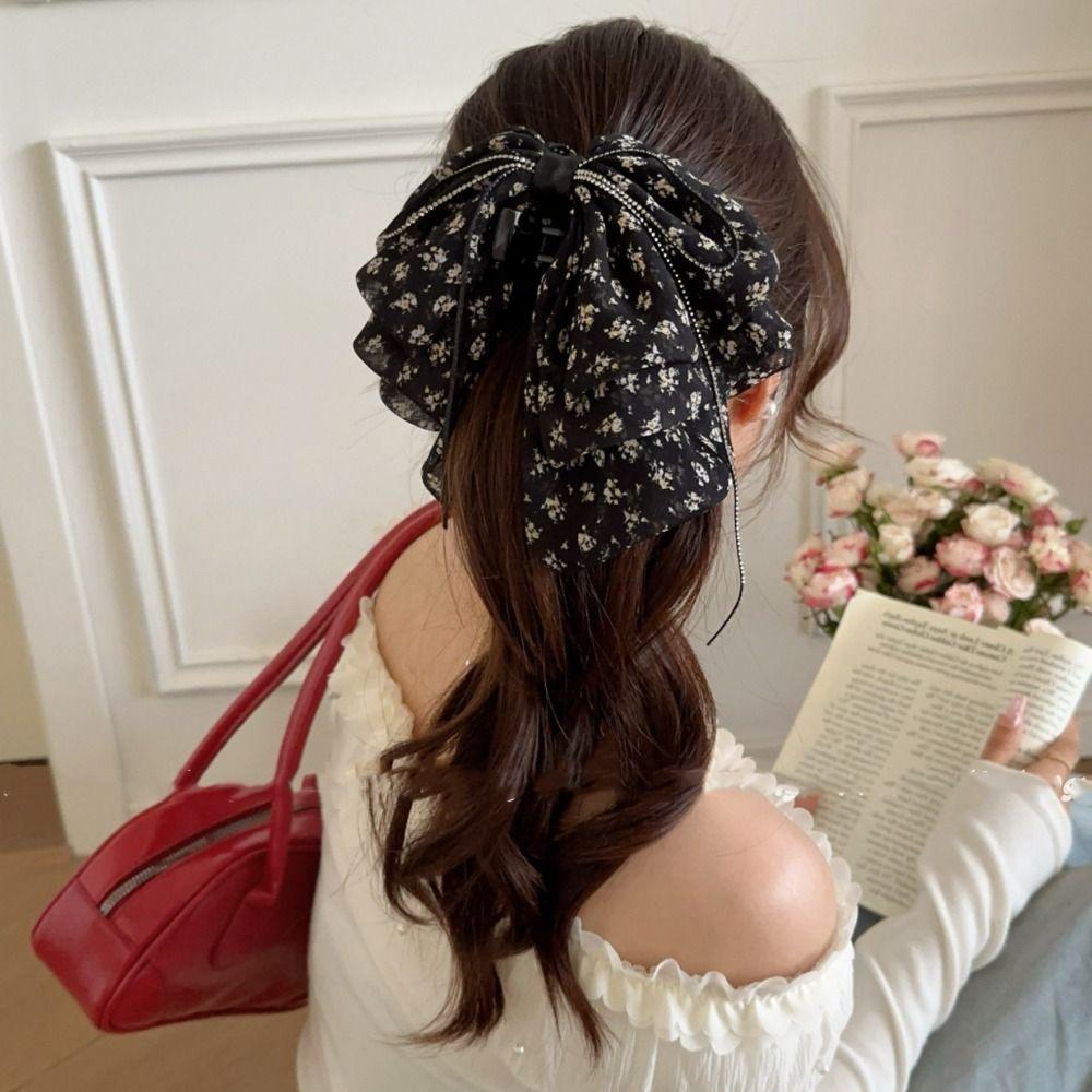 Floral Bow Ribbon Hair Claw Grab Clip Flower Hairpin Barrettes Chiffon Bowknot Hair Clip  Women