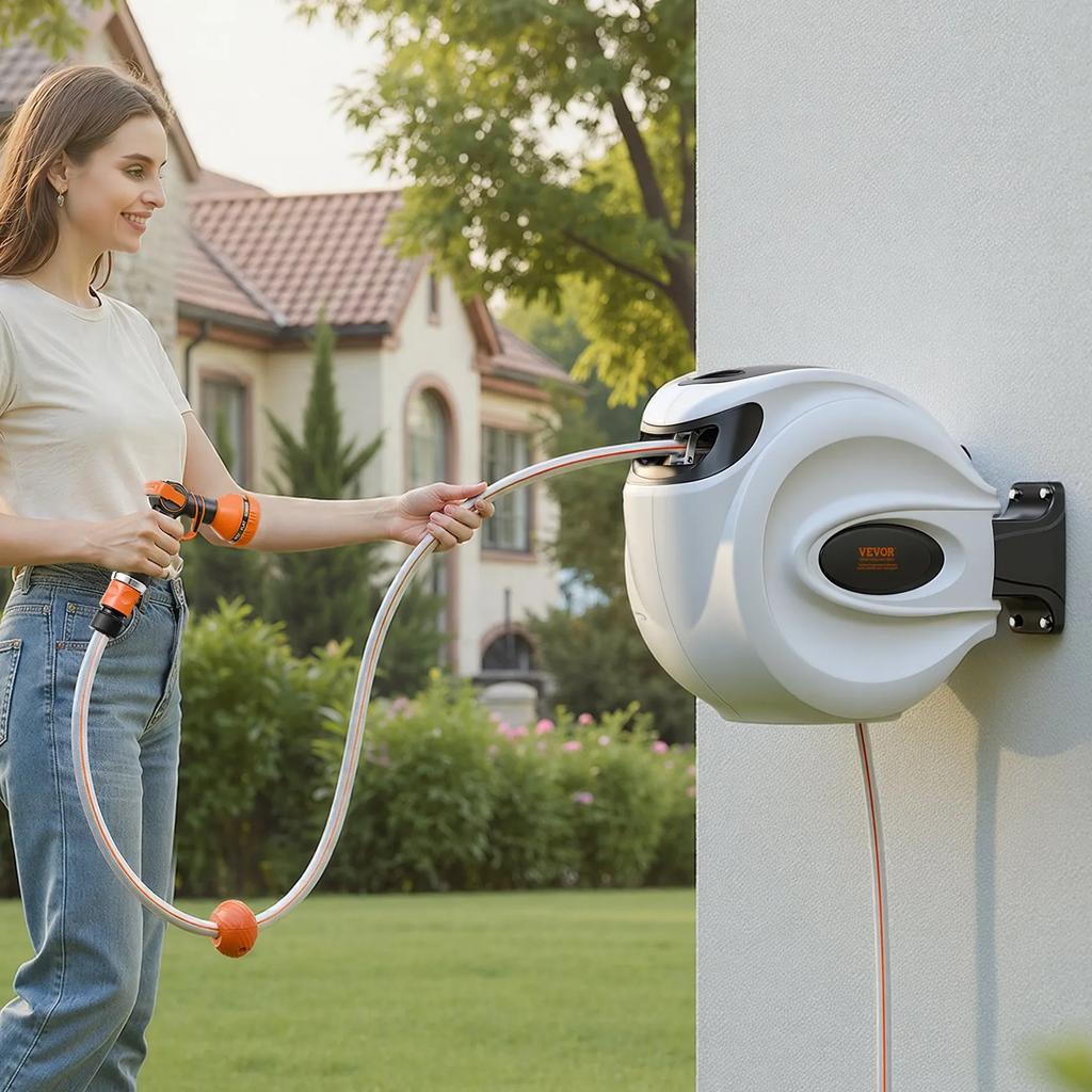 VEVOR Retractable Hose Reel Water Hose Reel 20m x 1.3cm 180 degrees Swivel Wall-Mounted
