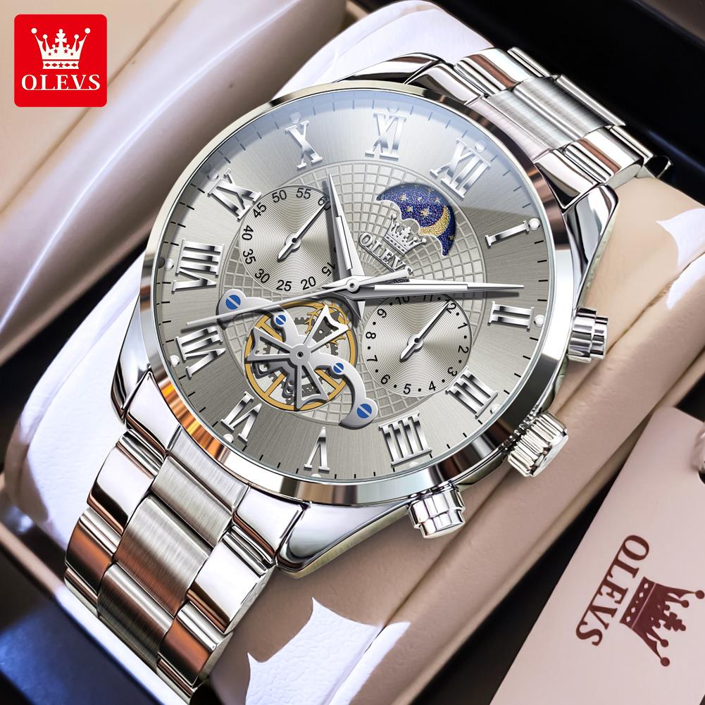 OLEVS Men's Watches Luxury Fashion Fine Steel Original Quartz Wristwatch for Man Flywheel Chronograph Moon Phase Waterproof New