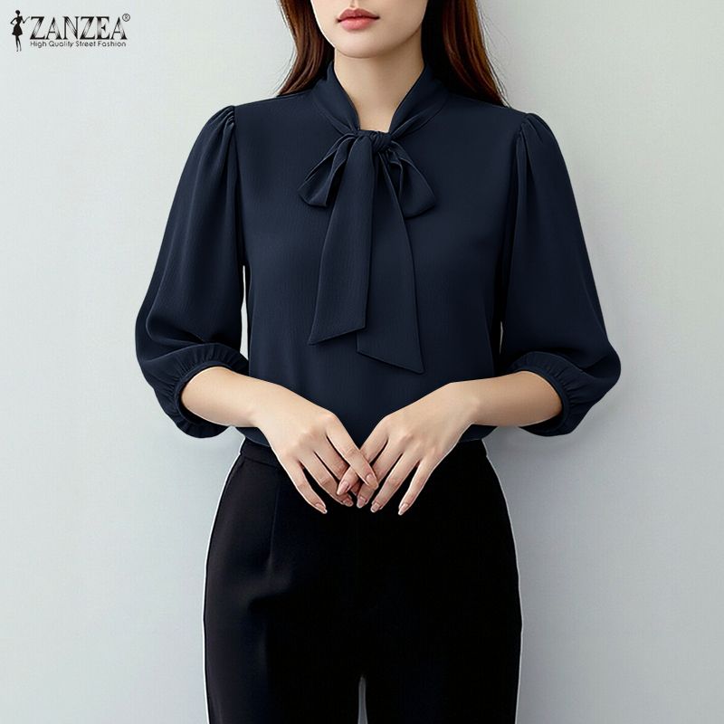 ZANZEA Damen Freizeit Rundhals Einfarbig 3/4 Ärmel Bluse